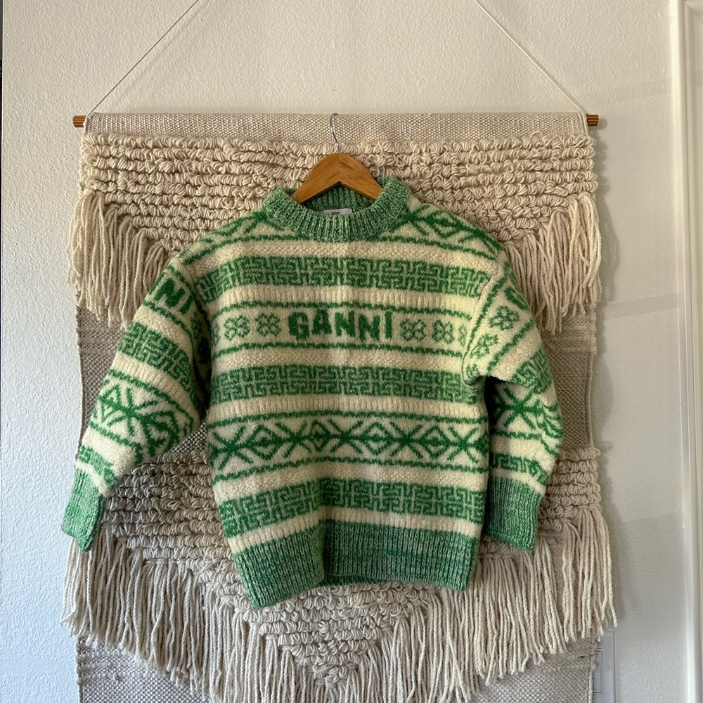 Ganni Green and Cream Patterned Sweater